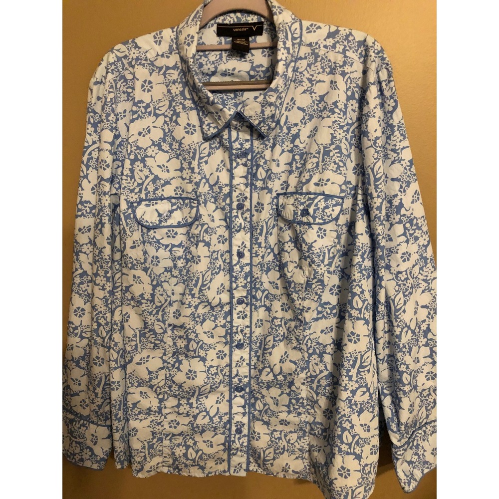 Vtg Venezia Blue White Floral Cotton Button Up Top Womens 18/20 Long Sleeve Y2K